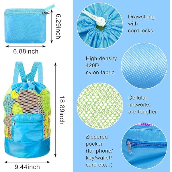 Mesh Strandleksaksväska, Strandleksak Förvaringsväska Stor Nylon Dragsnöre Barn Ryggsäck Hopvikbar Mesh Strandväska, för att bära leksaker och handdukar (Blå)