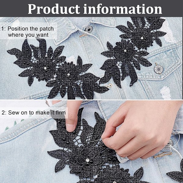 2 stk. 3D blonder applikationspatches, sort sy på broderi blonder blomster patches blomstermønster perler rhinestones blonder trim stofperle applikationer til syning