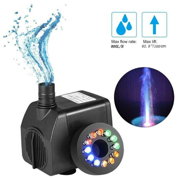 Upotettava pumppu värikkäällä valolla, 8W 220V upotettava pumppu 12 värillisellä LEDillä suihkulähteeseen, uima-altaaseen, puutarhaan, akvaarioon