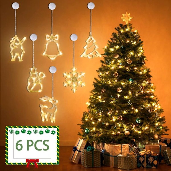 LED-lysgirlander til jul, 6 stk med sugekopper, vinduslys, LED juledekorasjon LED gardiner, vindusdekorasjon, fungerer med batteri