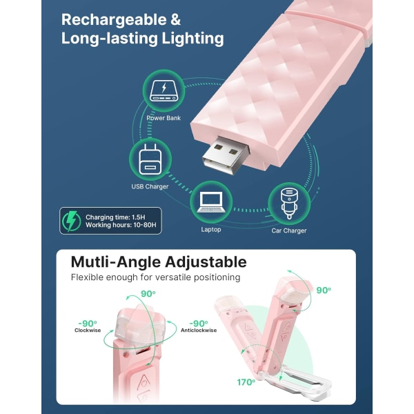 Oppladbar leselampe, øyebeskyttende leselampe klips på bok, har 3 fargetemperaturer og 5 lysstyrkenivåer, bærbar LED klips på bok
