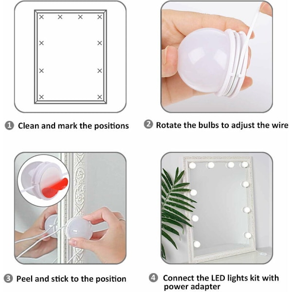 Dæmpbar Makeup Spejl Lys Kit, Selvklæbende Spejl Lys Kit til Toiletbord, Plug-in Makeup Lys til Badeværelse Vægspejl (Enkelt Pære)