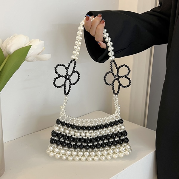 Svart og hvit mote perler blomst falsk perle veske skulder crossbody luksus håndveske sommer veske og clutch håndveske