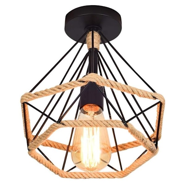 Vintage retro taklampa Industriell takbur diamant metall diamant med hamprep järn Ljuskrona Belysning för vardagsrum sovrum dekorera hus