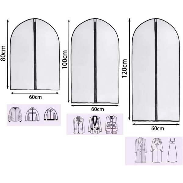 Garment Covers 6-Piece Waterproof and Dustproof Transparent Protective Cover, Ideal Garment Bag for Storing Clothes and Traveling (80，100，120)