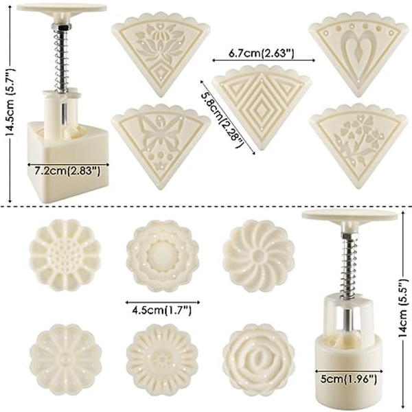 Månekageform, sæt med 2 blomster- og trekantformede kagepressere med 11 designs, bagekage-dekorationsredskaber - hvid