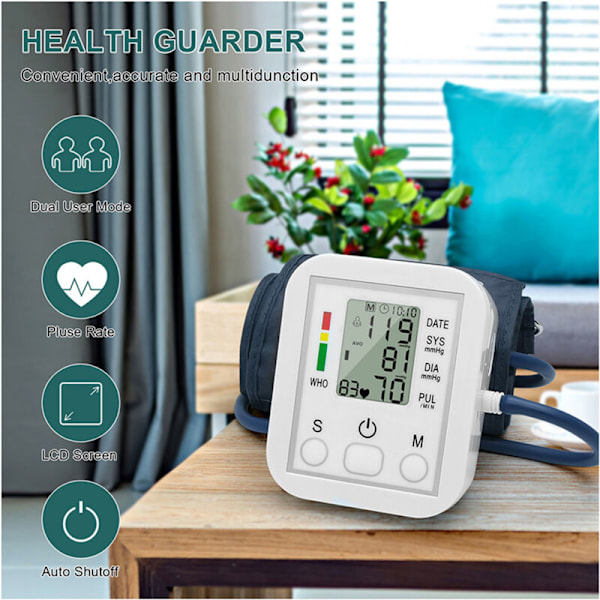 Bärbar och hushållsanvänd tensiometer med manschettarmband, LCD-skärm, exakt mätning