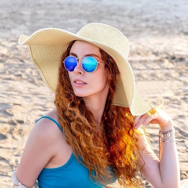 Dam halmhatt, sommar solhatt hopfällbar anti-UV strandhatt med bred brätte och justerbar hakrem för resor