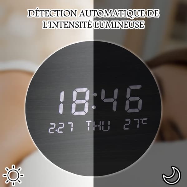 LED Digital Väggklocka med Datum och Temperaturvisning, Trä Tyst Klocka för Sovrum, Kök, Kontor
