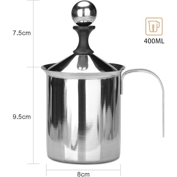 Manuaalinen maidonvaahdotin - Ruostumattomasta teräksestä valmistettu käsikäyttöinen vaahdotuskannu cappuccinoa ja lattea varten (400 ml)