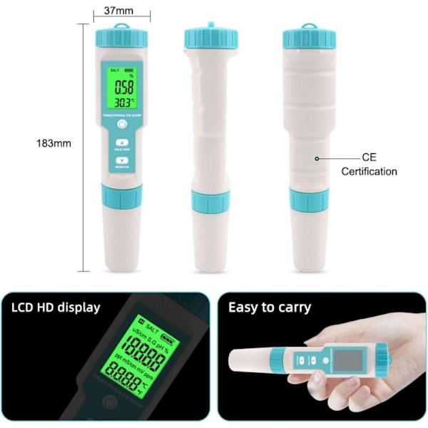 Vattenkvalitetstestare, 7 i 1 PH-mätare och PH/TDS/SALT/ORP/SG/TEMP/EC, PH-mätare med LCD-display, för dricksvatten, pooler, akvarier,