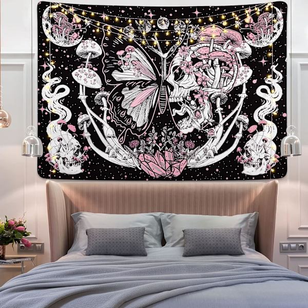 Skull Butterfly Gobelin Hippie Svampe Vægophæng Æstetisk Møl Gobelin Måne og Stjerner Værelse Dekoration Soveværelse Stue College 200*150 cm