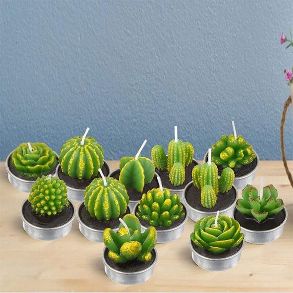 12 kaktuslys, sukkulentelys af kunstige planter, te-vokslys til Valentinsdag til helligdage, bryllupper, spaer, dekorationsgaver til huset