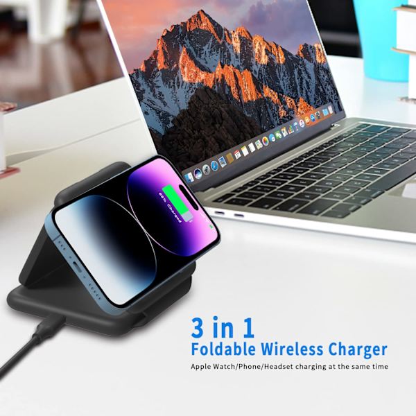 3-i-1 Foldbar Trådløs Lader, Magnetisk Kompatibel med iPhone 14/13/12/SE/11/XS/8, Apple Watch og AirPods (Svart)