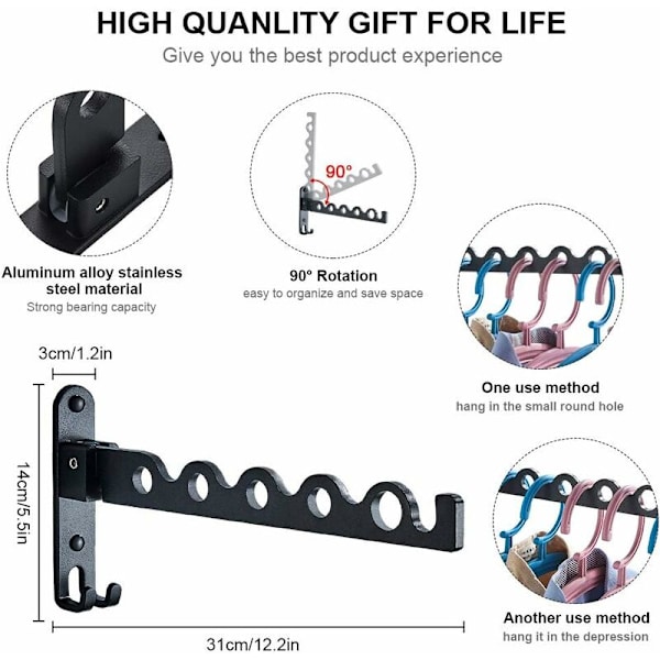 Vægmonteret tørrestativ, sammenklappeligt tørrestativ krogophæng til altan, badeværelse, soveværelse, vaskerum soveværelse (sort, 1)