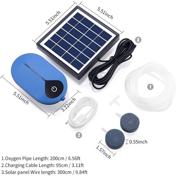 Solcelledamlufter 1.5W, 6V 0.5 L/Min - 0.9 L/Min, Plug-in Solcelleoksygenpumpe 3600 mAh, Akvariumlufter, Stille, med Luftsteinslange, for Dammer/Hage