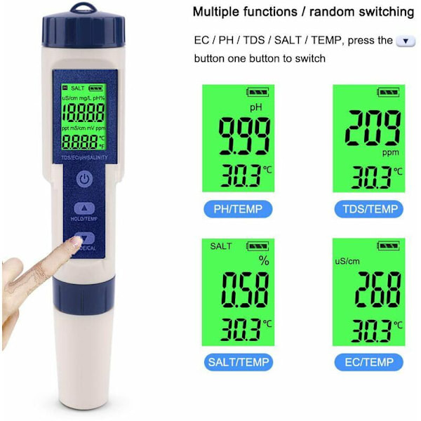Analys av kvaliteten på poolvattenmätare 5-i-1 hög precision vattentät vatten smältmätare akvarium vattendetektor med bakgrundsbelysning 18337mm b