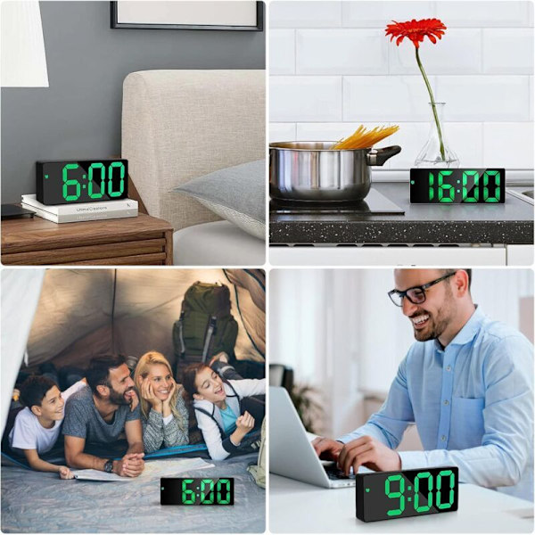Digital väckarklocka, stor LED-display, spegelyta med snooze-funktion och USB-laddningsanslutning, justerbar ljusstyrka, väckarklocka för