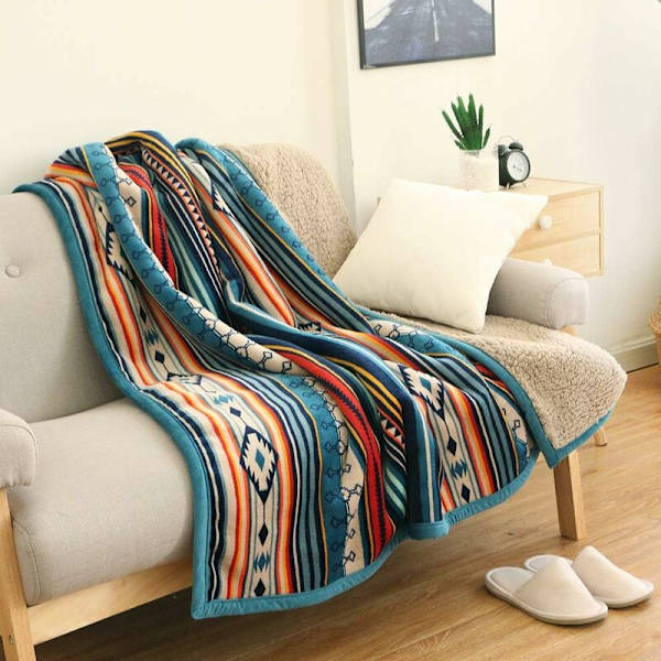 Plaid Fleece Tæppe 125x150cm, Blødt og Hyggeligt Tykt Flanneltæppe, Vendbart Blåt Tæppe og Plaider, Blødt Hyggeligt Sherpa Sofatæppe Stribe