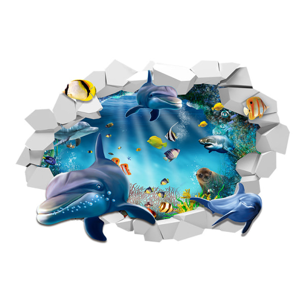 1 stk 3D vegg-gjennom havverden delfin og hval veggklistremerke
