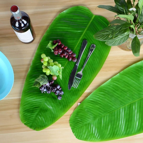 Kunstige bananblade, sæt med 4 stk., hawaiiansk luau-fest, falske tropiske blade, grønne tropiske palmer, underlag, bordskåner til køkken, udendørs bryllup