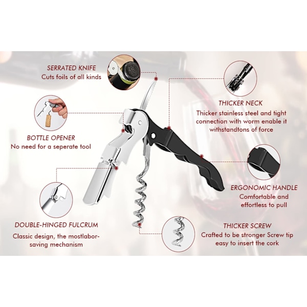 Corkscrews - Professionelle Corkscrew Vinåbnere, Opgraderet Med Heavy Duty Rustfrit Stål Hængsler Vin Nøgle til Restaurant Servitører, Sommelier, Bartender