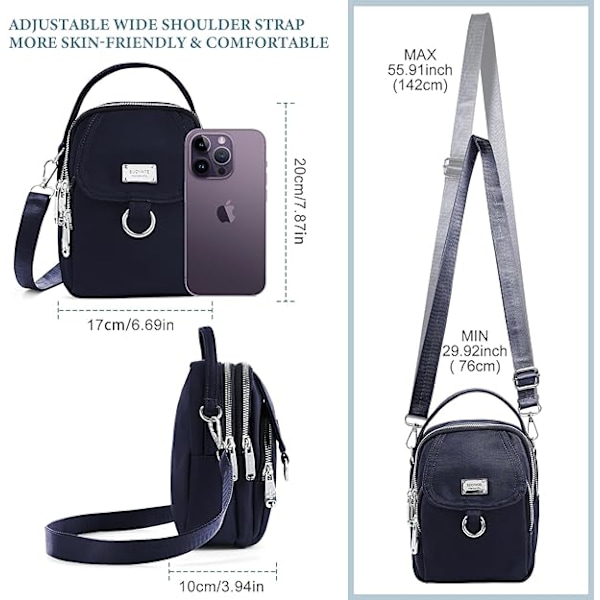 Vattentät crossbody-mobilväska för kvinnor, liten mobilväska i nylon, axelväska för kvinnor, plånbok, reseväska, miniväska (svart)