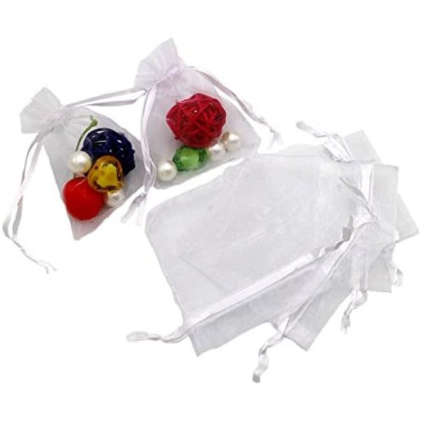 100 stk. Organzaposer 7x9cm, Små Organzaposeposer Smykkepose med Snøretråd, til Julebryllupsgave Slik (Hvid)