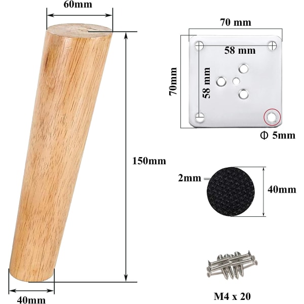 Set med 4 träben för möbler 15 cm snedställda sängben soffbordben köksmöbelben i valnötsfinish med monteringstillbehör för fåtölj