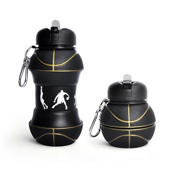 Sammenleggbar vannflaske i silikon, Vannflaske for småbarn Svart Basketballstil, Barneflaske 560 ml, Leketøy for reisetilbehør for barn
