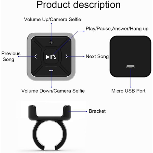 Sort-Bluetooth 5.0 Bluetooth Medieknap Fjernbetjening Ratkontrol Bluetooth Håndfri Controller Besvar Afslut Opkald IPX4 Vandtæt Kompatib