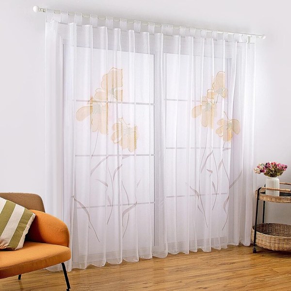 2 gardinrom med blomstertrykk, blomstergulv, stuebredde 150 cm (høyde 175 cm, oransje)
