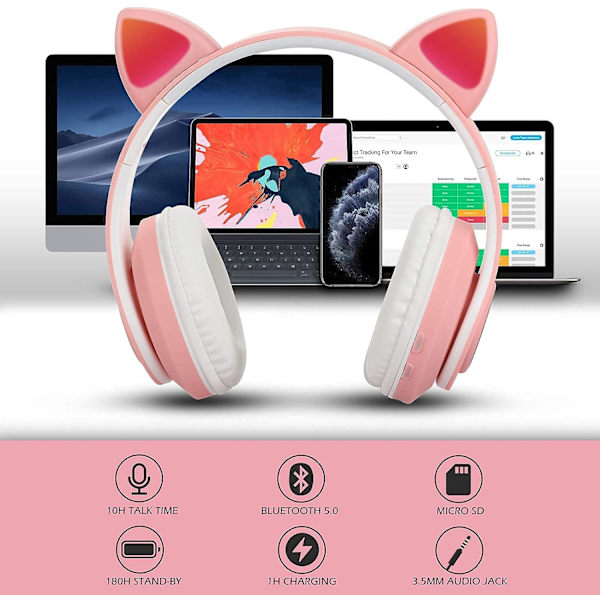 (Rosa) Trådlösa Bluetooth-hörlurar för barn, hopfällbara kattrådlösa hörlurar med stereomikrofon, Bluetooth-hörlurar för barn till PC-telefoner.