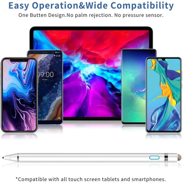 2 i 1 berøringsskjermpenn 1,5 mm høy presisjon kapasitiv stylus universell, kompatibel med smarttelefoner, nettbrett, Apple IP-Hone/i-Pad