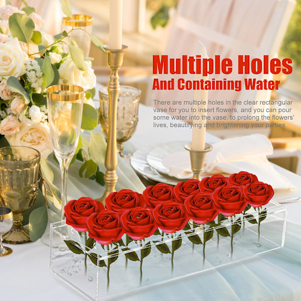 Transparent akryl vase med rektangulært blomstercenter til spisebordet