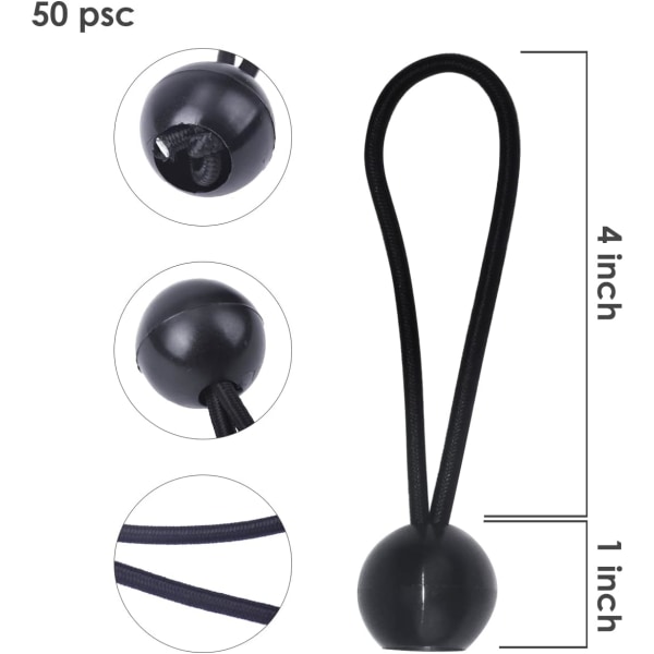 50 st elastiska kulbultar bungee-snören (svart), presenningspännare för paviljong, camping, tältlinor, gardinförlängningssele, 10 cm
