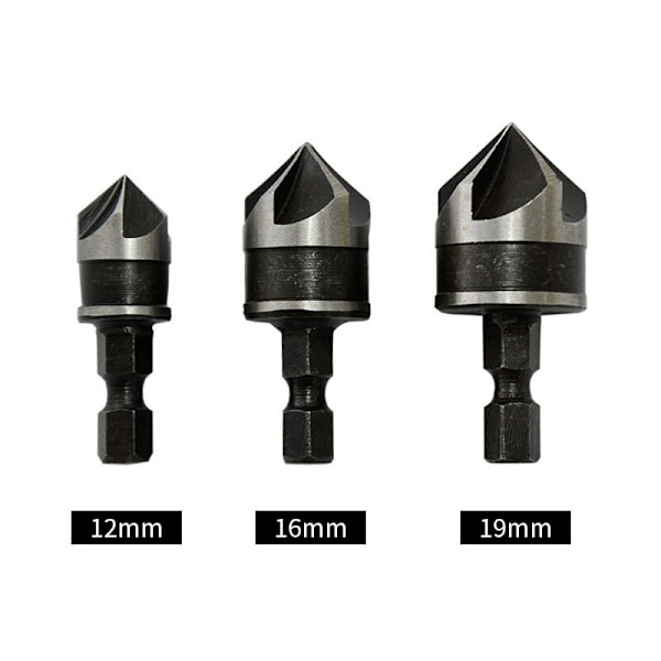 3 stk. 1/4\" Hex HCS Forsænkningsbor 5 Fløjter Bor til Forsænkning Forsænkning 12mm/16mm/19mm til Træ Metal