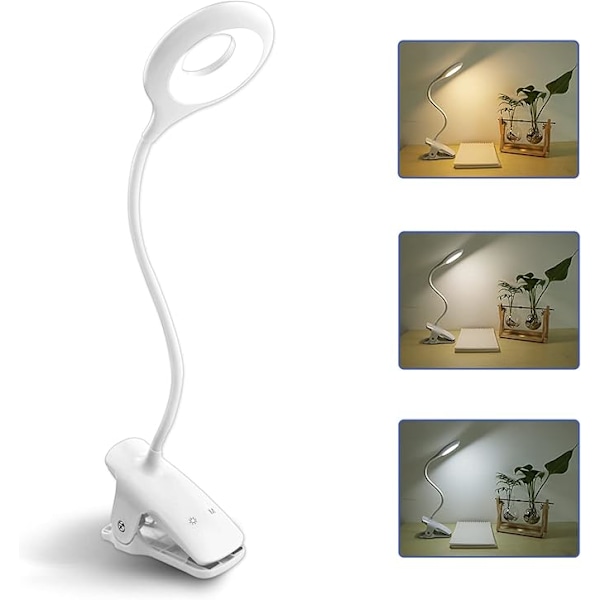 Ladeskrivebordslampe uten ledning, LED, 3 farger og 3 lysstyrker, berøringslampe for barn med klips, bærbar klipslampe for lesing i sengen, W