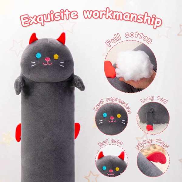 Lång katt plyschkudde, söt svart katt plyschdjur kawaii mjuk plyschleksaker, kattunge plyschkudde docka leksak present till flickor pojkar