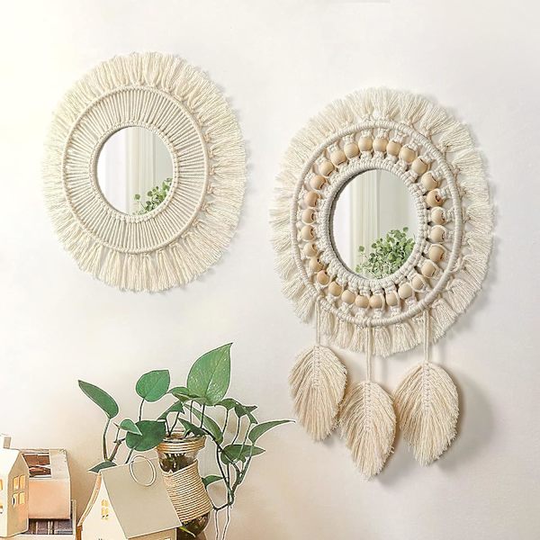 2 st hängande väggspegel med fransar set runda boho antika vävda speglar konstdekor för lägenhet vardagsrum sovrum barnrum