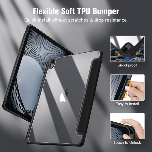Fodral för iPad Air 2022 5:e generation 10,9 tum/iPad Air 4 2020 - Genomskinligt transparent skydd [Förvaring och stylusladdning] Stötsäkert automatisk viloläge/väckning C