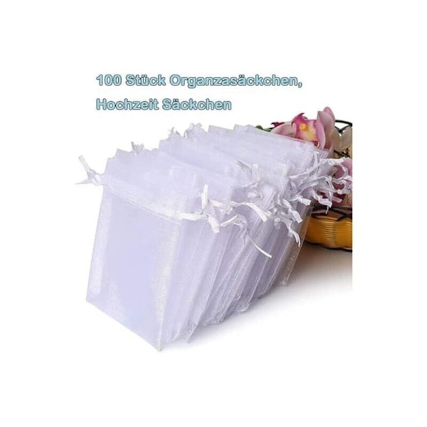 Sæt med 100 poser i hvid organza, 7 x 9 cm, organza gavepose, smykkepose, bryllupsposer, lavendelposer, bryllupsgave