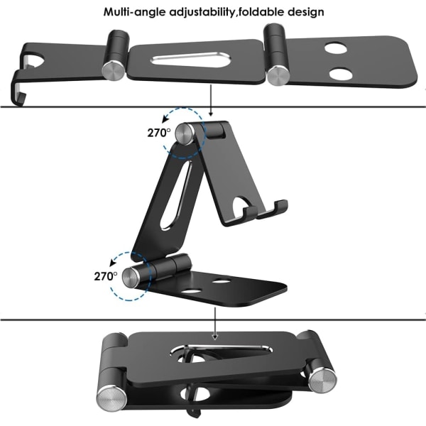 Svart telefonstativ, liten dokstativ kun kompatibel med mobiltelefon, skrivebordsstativ, aluminiums smarttelefonholder