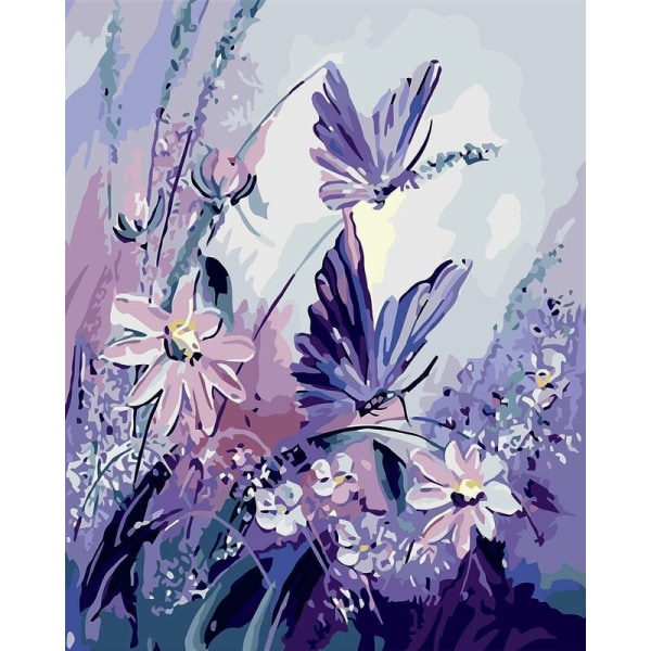 Rammeløse, male efter nummer-sæt med pensler og akrylmaling til voksne Børn Seniorer Begynder - Sommerfugl med lilla blomst 16 * 20 tommer, HANBING