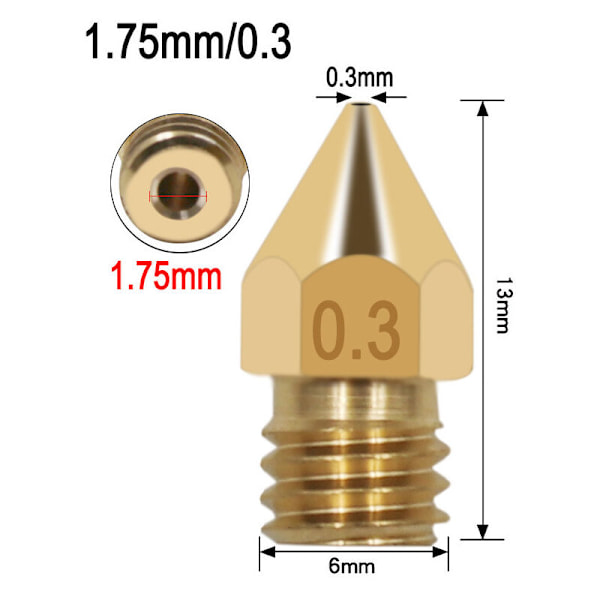 3D printerdyse 30 stk. dyse 0,2 mm/0,4 mm/0,6 mm/0,8 mm/1,0 mm Messingdyse messingdyse til 1,75 mm dysefilament M6 3D printerdyse