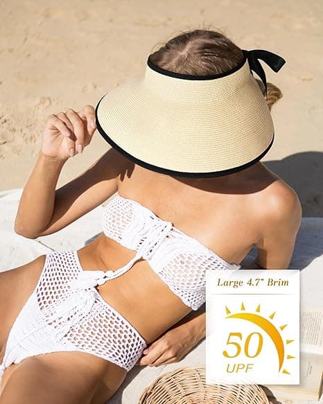 Dame solhat bredskygget strandhat sammenklappelig strå solhat hestehale sommer sammenklappelig