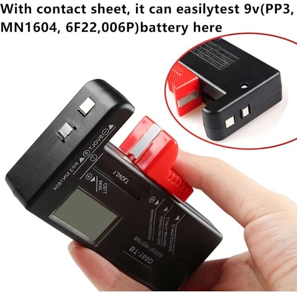 Digital batteritester, universal batteritester, batteritester, til AA, AAA, C, D, PP3, 9V, 1,5V, knapcellebatterier - Virker uden batteri