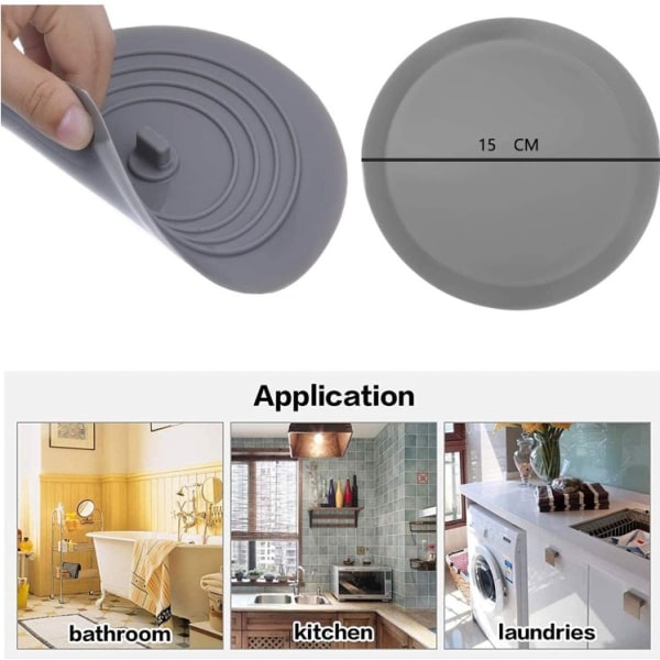 Badeprop Stopper Silikone Vask Stopper Køkkenvask Stopper 15 CM Diameter til Køkkener, Badeværelser og Vaskerum Universal Afløbsprop Stopper (2 stk, grå)