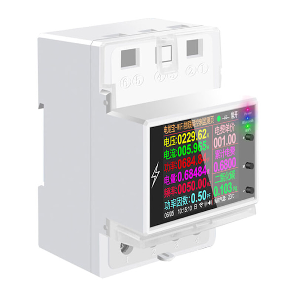Intelligent 2P smart el-effektmåler, WiFi-version, DIN-skinne montering, multi-energi vekselstrømsmåler, 2,4-tommer LCD farveskærm, rem