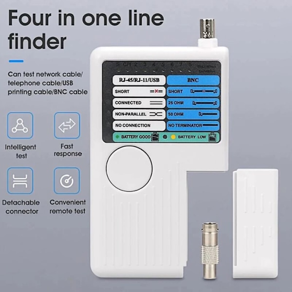 4 i 1 Multifunksjons Nettverkskabeltester, RJ11 RJ45 USB BNC Nettverkskabeltester for UTP STP LAN Kabel Tracker, 148.62.5cm